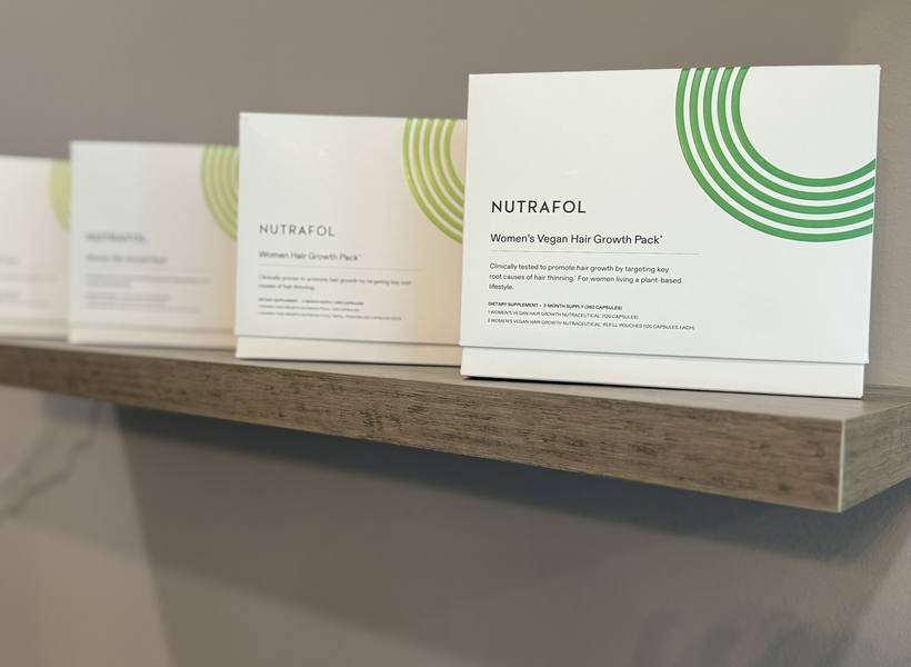 Nutrafol hair growth packs on the retail shelf